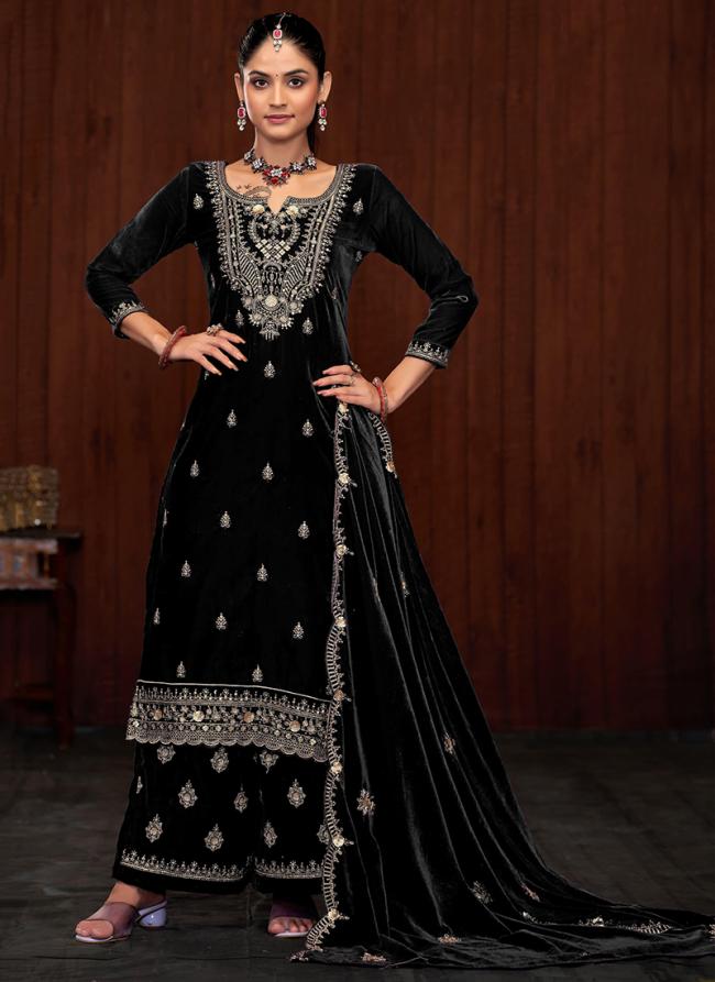 Velvet Black Party Wear Embroidery Work Plazzo Suit